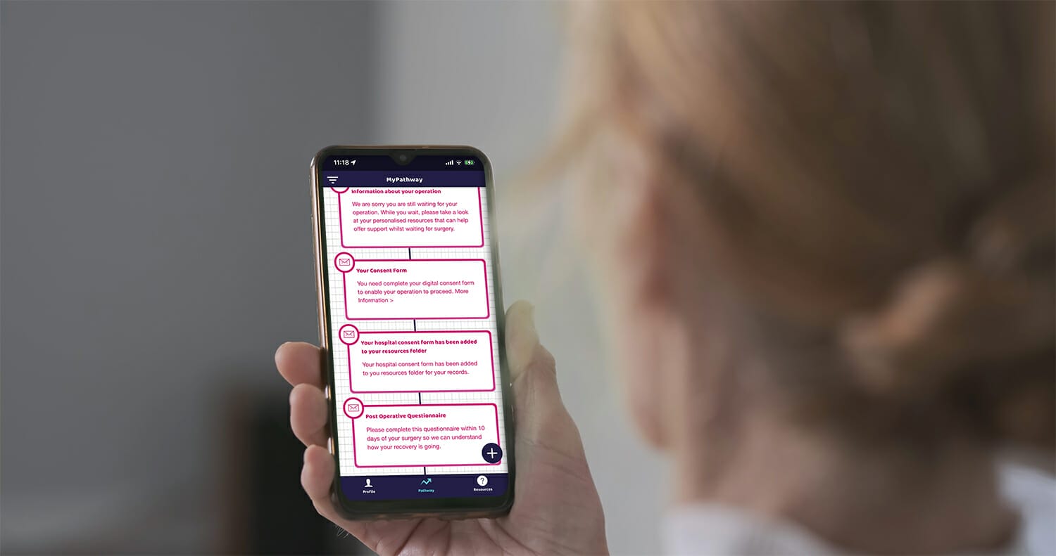 Woman,Is,Holding,Smartphone,With,A,Green,Screen.,Back,View. MyPathway on a phone screen